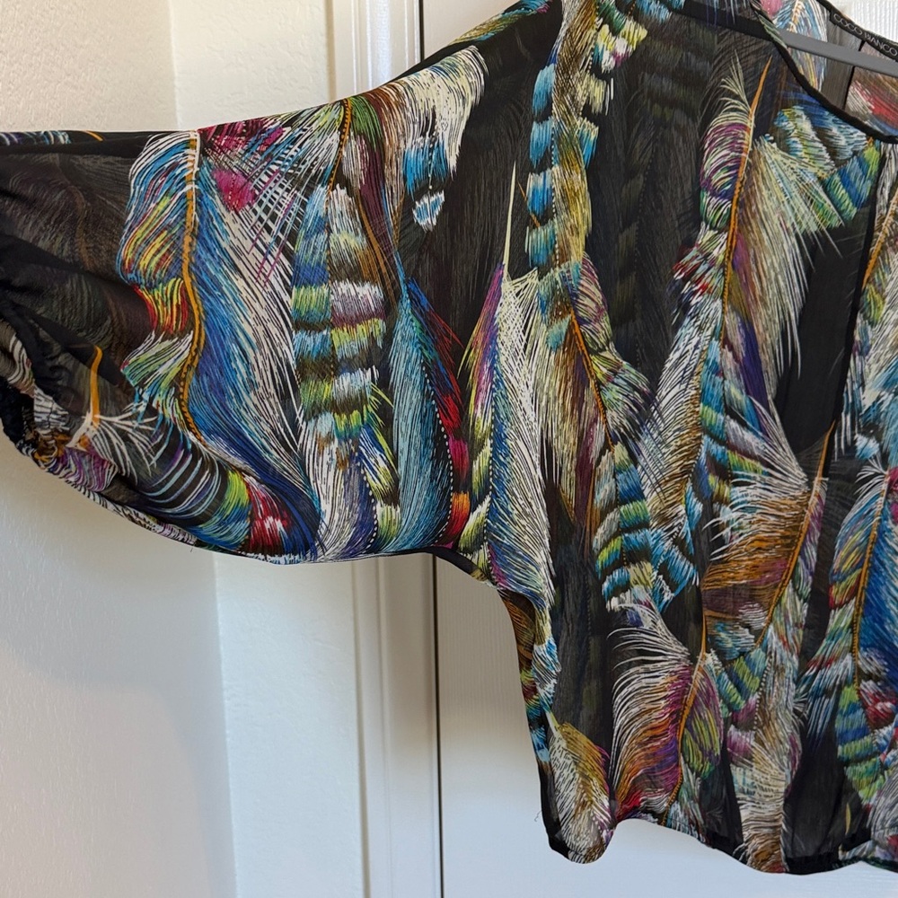 Coco Bianco Black Sheer Multicolor Feather Print Blouse/Top  Size L-XL - Picture 5 of 8